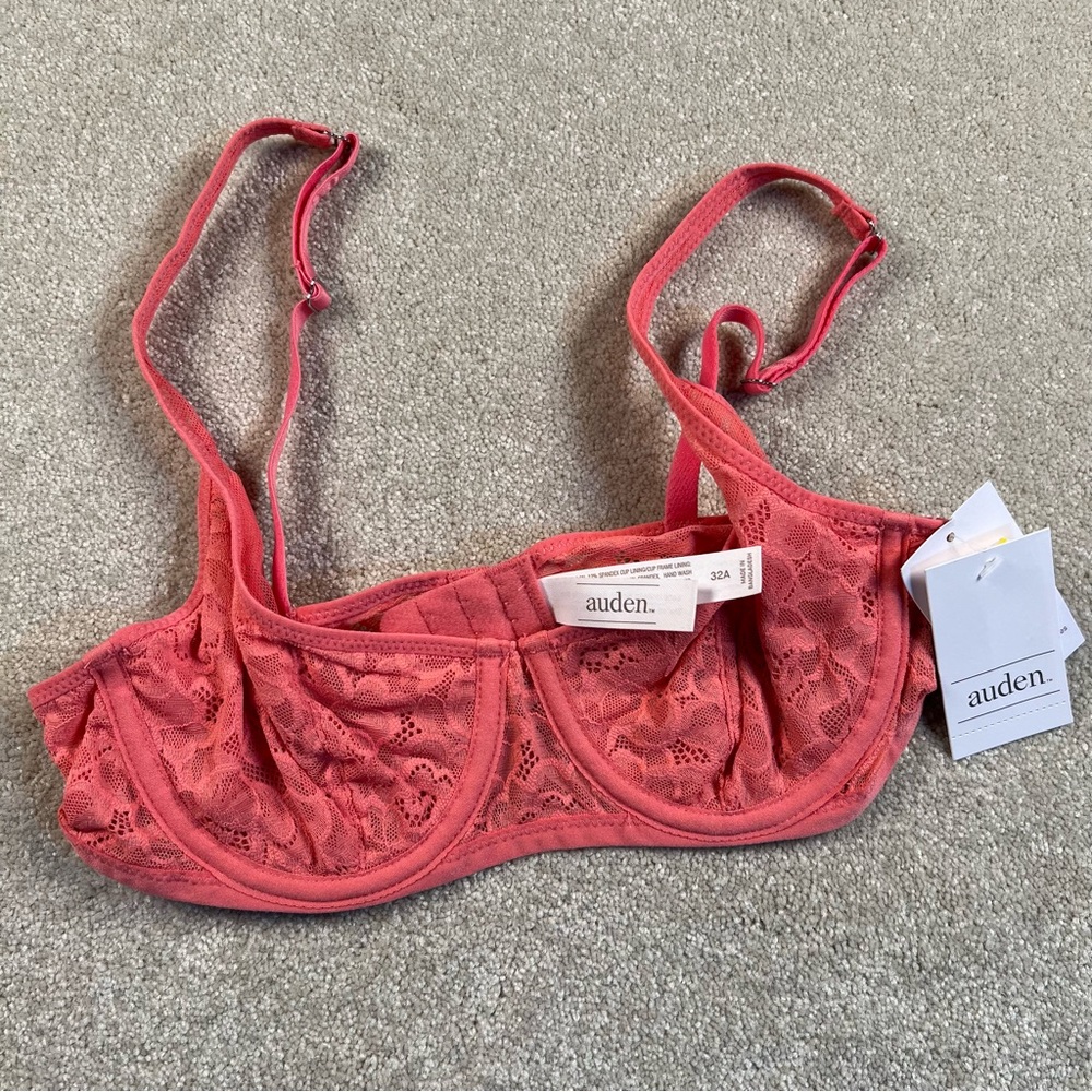 Auden Bra Lace Unlined Scoop Balconette Underwire 32A NWT Coral Pink